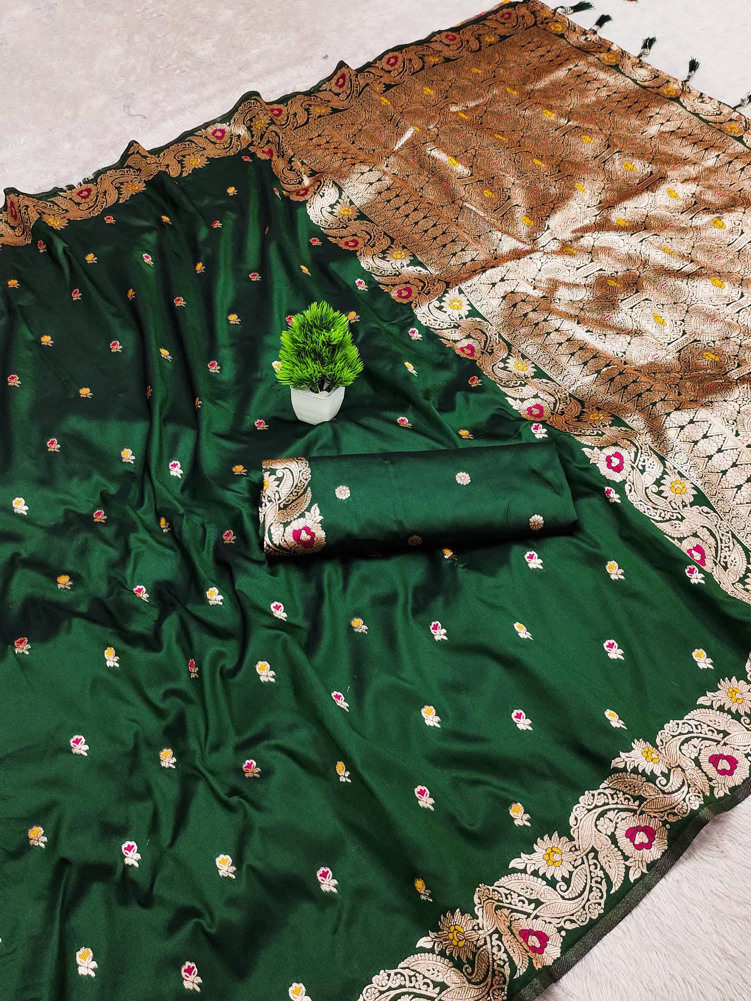 Bottle Green Shahi Banarasi Silk Saree with Meenakari Rich Pallu